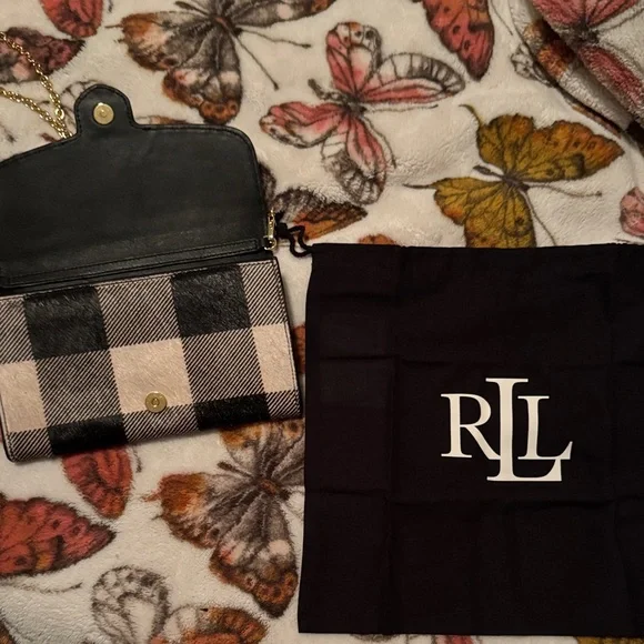 Ralph Lauren Black and Cream Plaid Crossbody Buffalo check hair on hide wallet - Picture 15 of 15